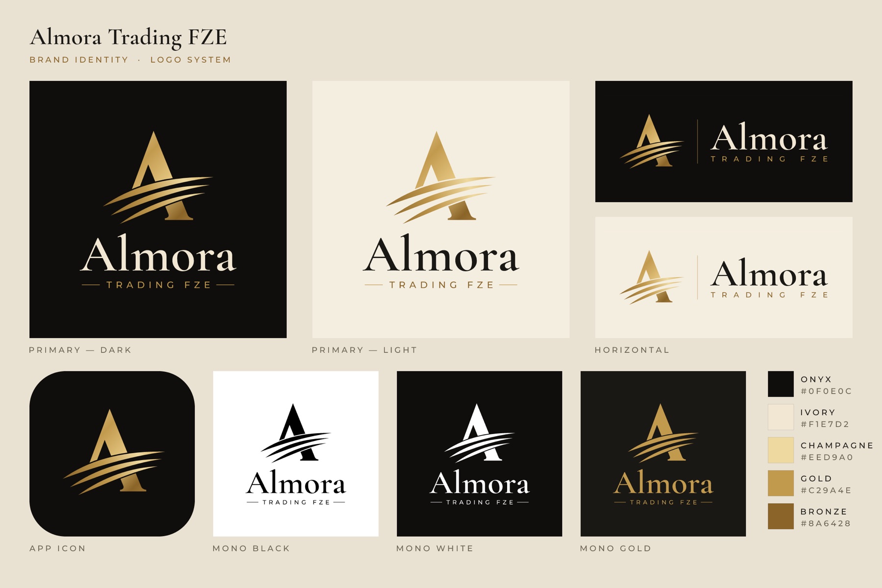 Almora Trading FZE logo system: primary, horizontal, app icon and mono versions with the brand palette