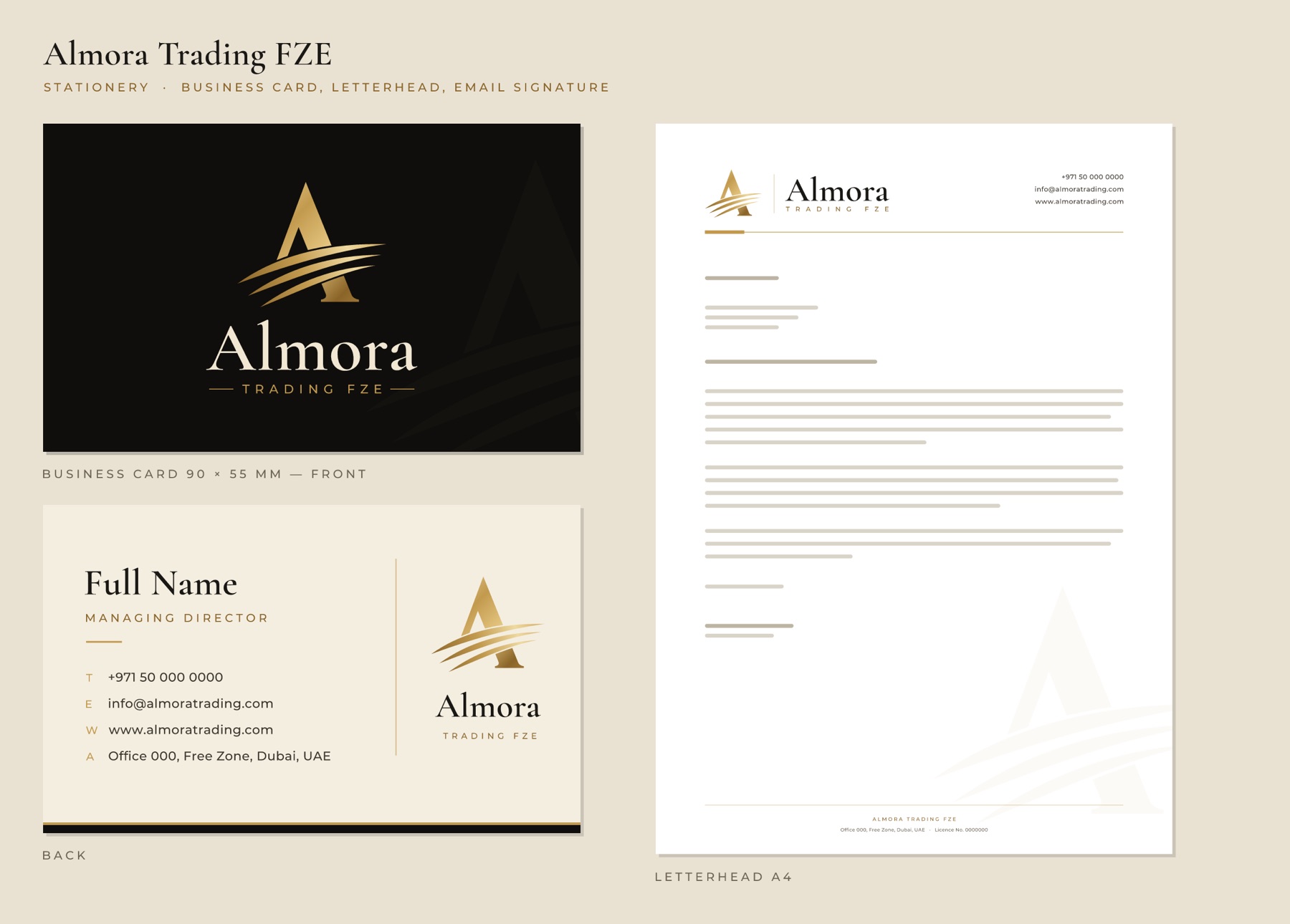 Almora Trading FZE stationery: business card front and back, A4 letterhead