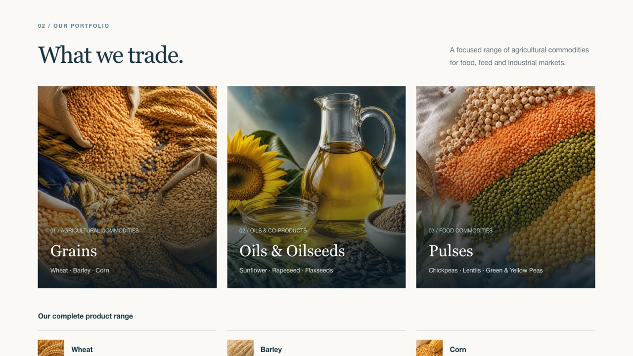 Product range: grains, oils and oilseeds, pulses